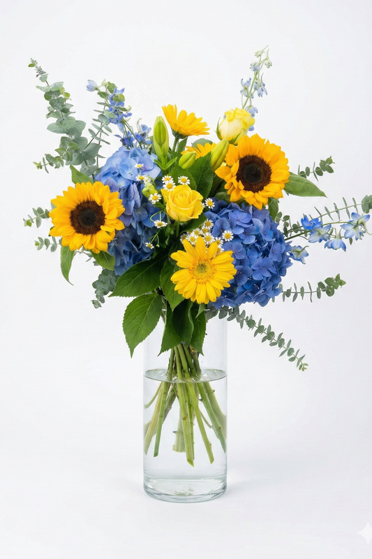 Bouquet of sunflowers and blue hydrangeas in a clear vase on a white background
