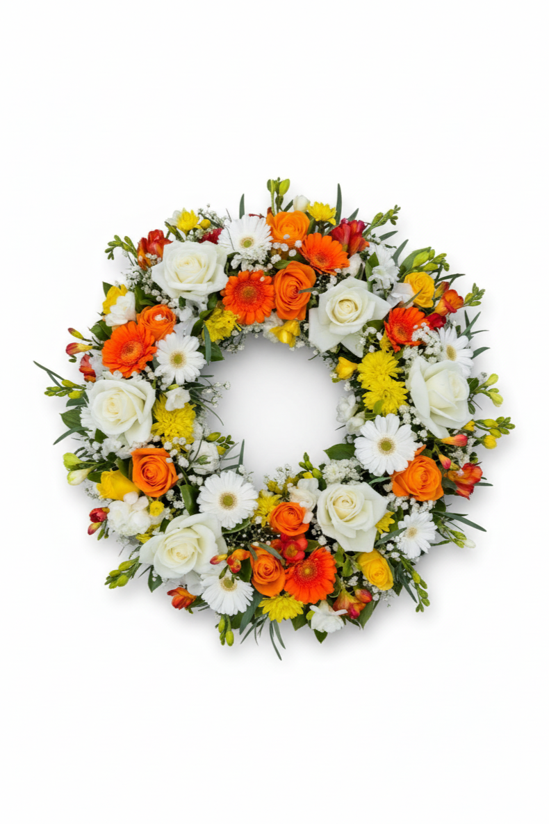 Floral wreath with orange, yellow, and white flowers on a white background
